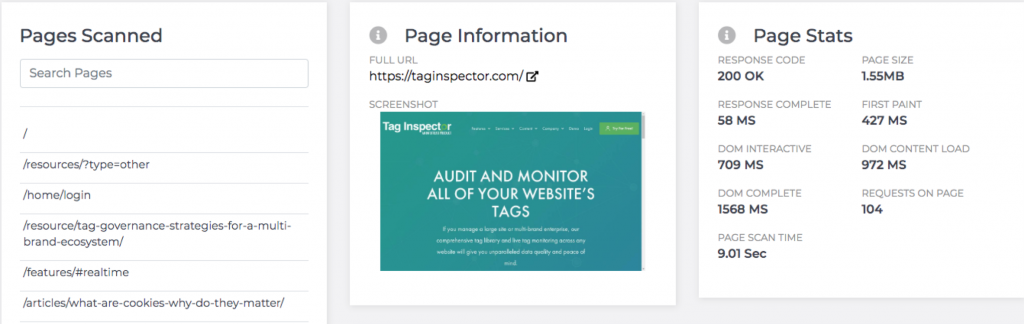 Pages Reporting in Tag Inspector